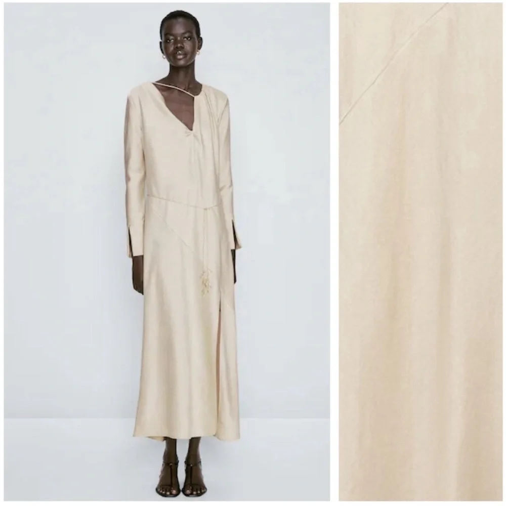 Massimo Dutti Cream Textured Satin Long Dress. Size M